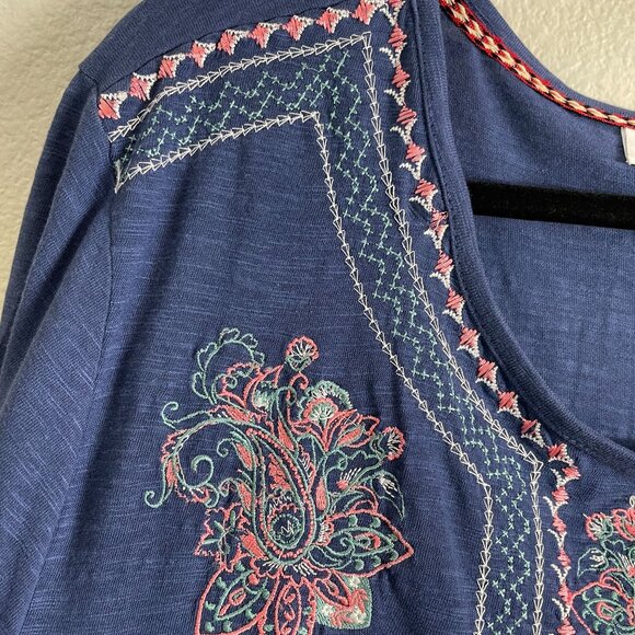 NorthStyle Womens Plus 2X Embroidered Tunic Top Blue 3/4 Sleeve Boho Shirt - Picture 10 of 11